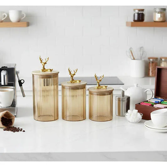 Set of 3 Glass Jars with Bamboo Lids, Deer Shape 6188