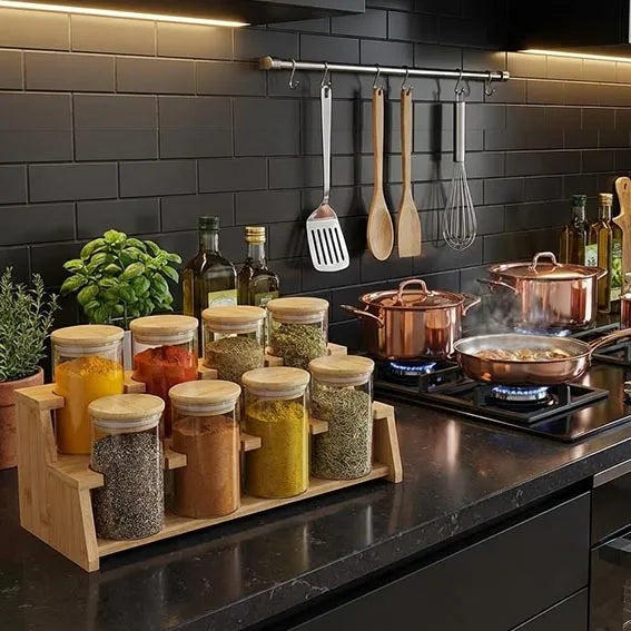 Set of 8 wood/glass jars for spices