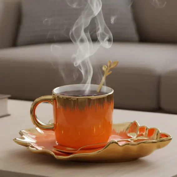 Porcelain coffee cup with leaf-shaped plate