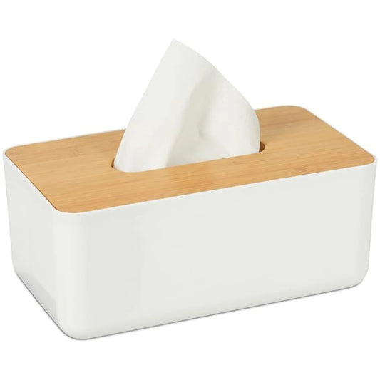 White tissue box with wooden lid