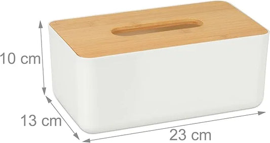 White tissue box with wooden lid