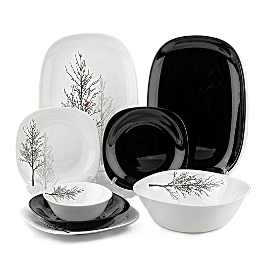 EL-ANDALOS 27-Piece Heat-Resistant Glass Dinner Set - Black & White Floral Design