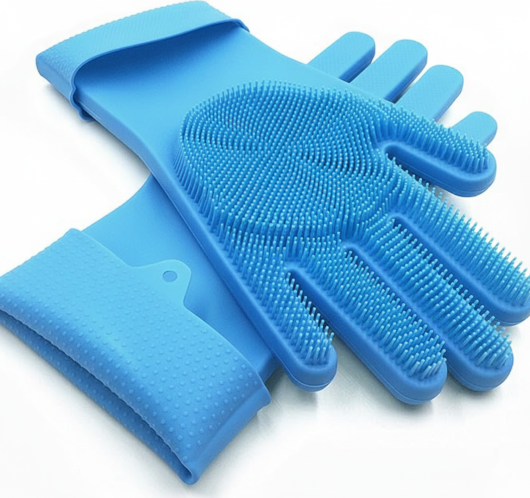 pair of dishwashing rubber gloves