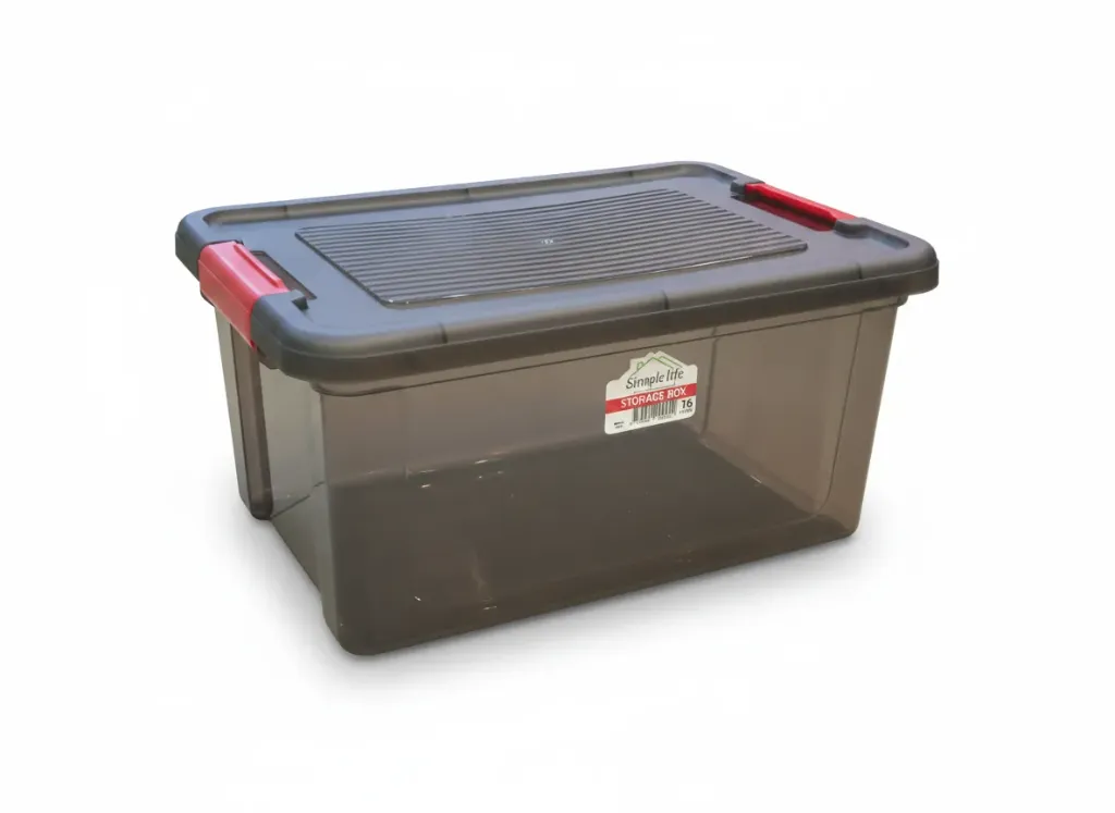 Clear plastic storage container 16L (storage container black tint)
